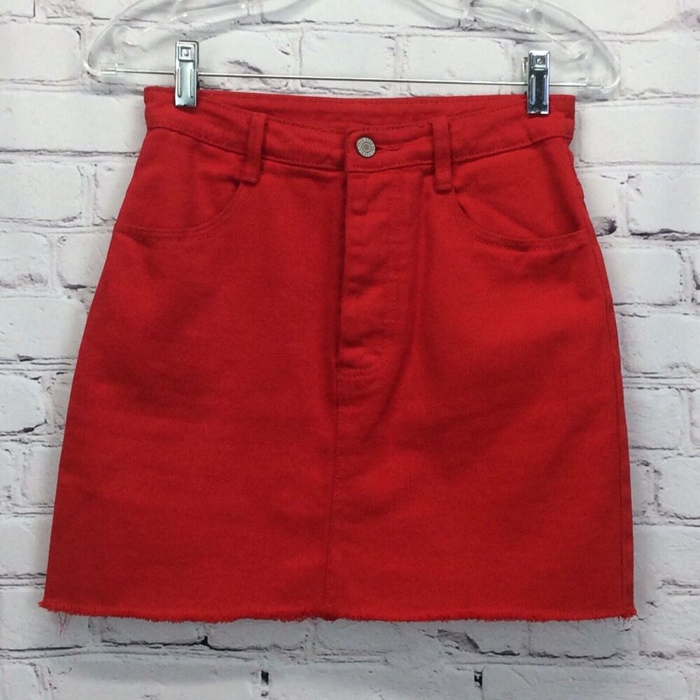 J. Galt Denim Mini Skirt Women's Size S Red Festival Beach Button Fly Frayed Hem